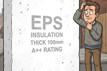 Man puzzled beside a large EPS insulation panel labeled 100 mm thick and A++ rating.