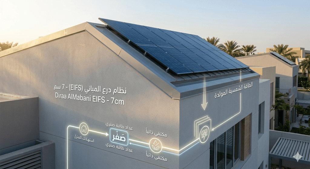Rooftop solar panels on a modern house with a glowing diagram illustrating a home energy system and solar power flow (Arabic/English labels).