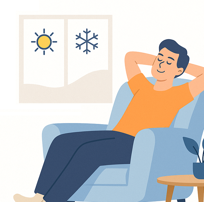 Man relaxing in a well-insulated home protected from heat and cold