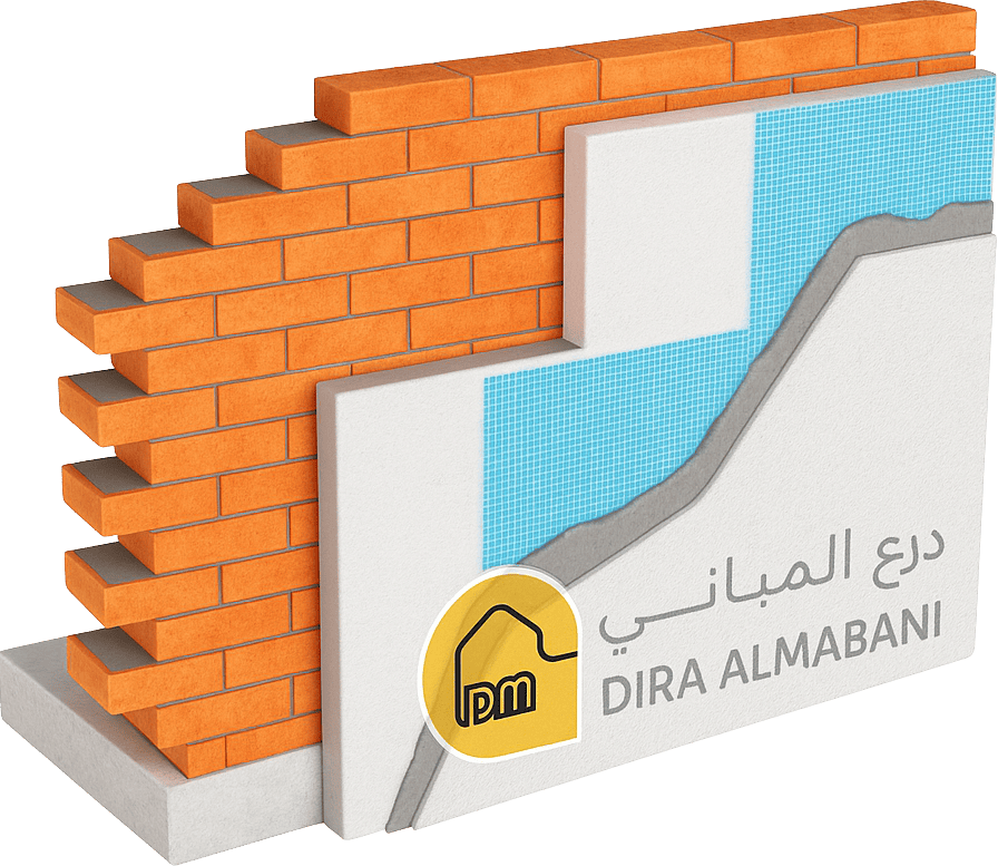 Illustration showing the different layers of the ETICS / EIFS (Exterior Insulation and Finish System), including insulation board, base coat, mesh, and finish coat.