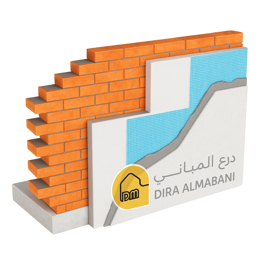 Illustration showing the different layers of the EIFS (Exterior Insulation and Finish System), including insulation board, base coat, mesh, and finish coat.