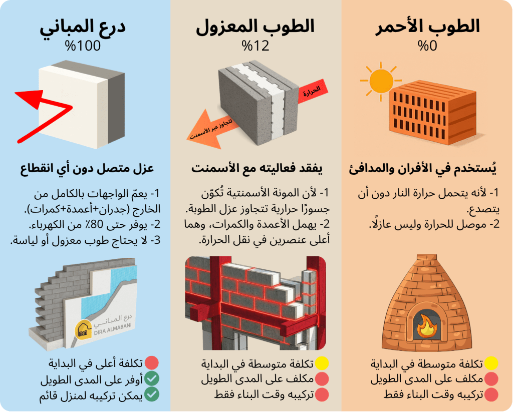 مخطط يوضح مقارنة بين العزل الحراري في درع المباني، والبلوك المعزول، والطوب الأحمر من حيث الاستمرارية وكفاءة العزل