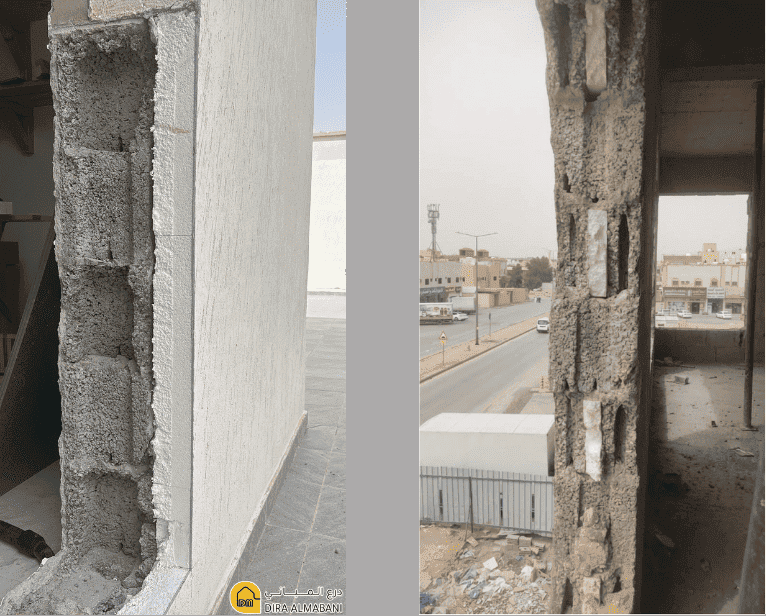 Two side-by-side photos of a building under construction showing exposed concrete blocks and damaged wall sections inside and outside a stairwell or hallway opening.
