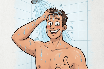 Smiling man showering, lathering hair with one hand and thumbs up with the other in a tiled shower.